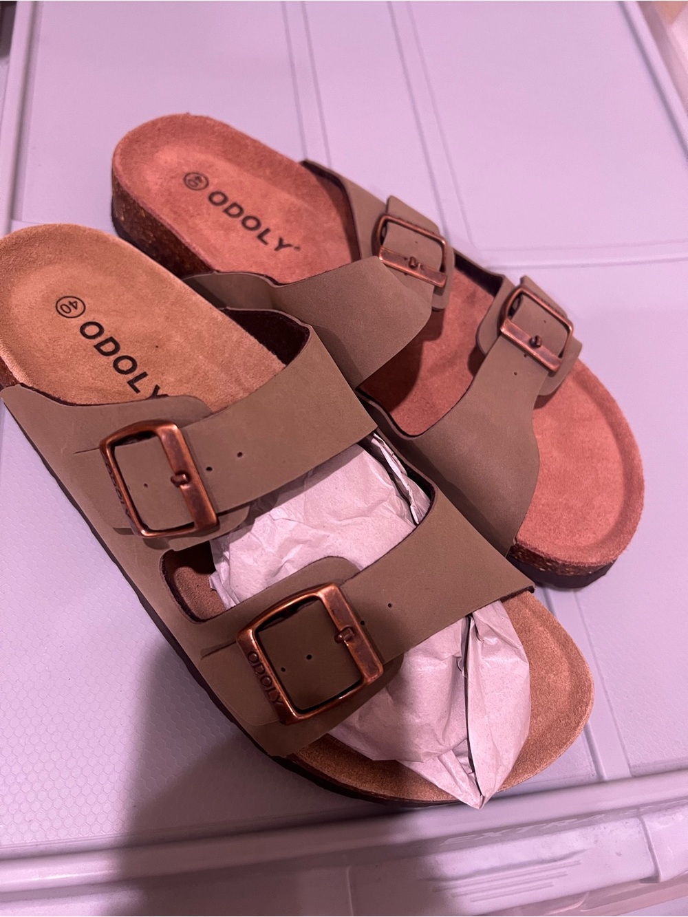 Kids Two-Buckle Slide Sandals in Taupe